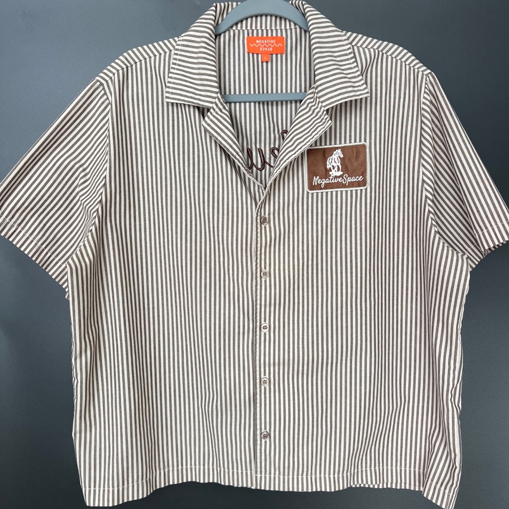 Negative Space Mens Large Striped Button Shirt Gray White Workwear Crop Camp